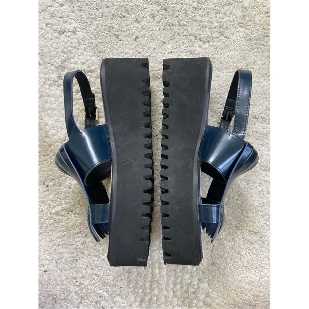 All Black Kiltie Navy Fringe Platform Chunky Sandals - Picture 6 of 9